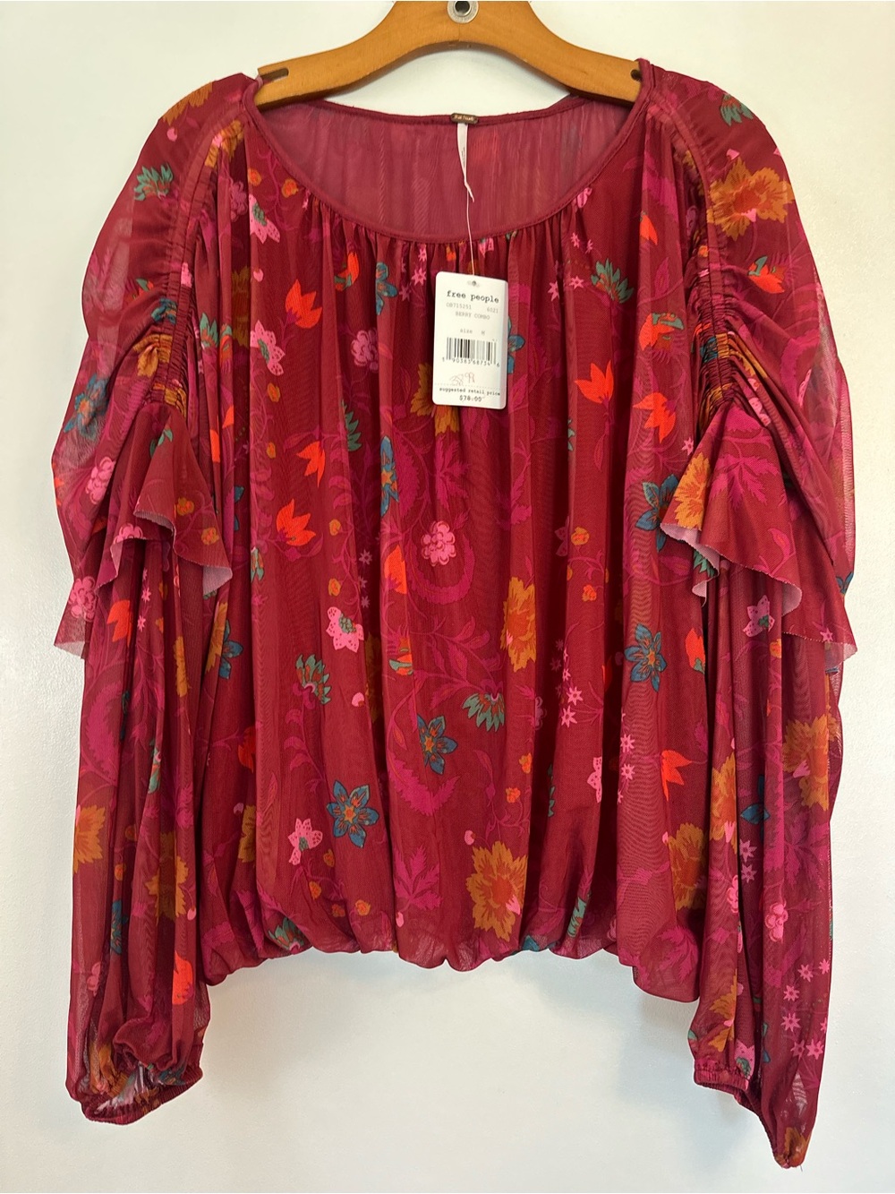 Free People Floral Puff-Sleeve Peasant Blouse in Berry Multi